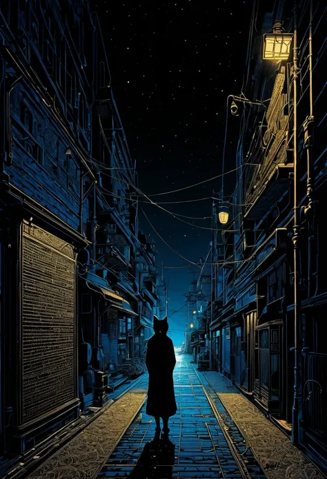   there is a picture of a black cat {x} light shining into a dark alley  、   there is a picture of a black cat ,  very detailed panel cutting , Moebiusにインスパイアされた,   accurately drawn details  , Kilian Eng. Moebius, Detailed close-up,  Extremely Detailed Ima...