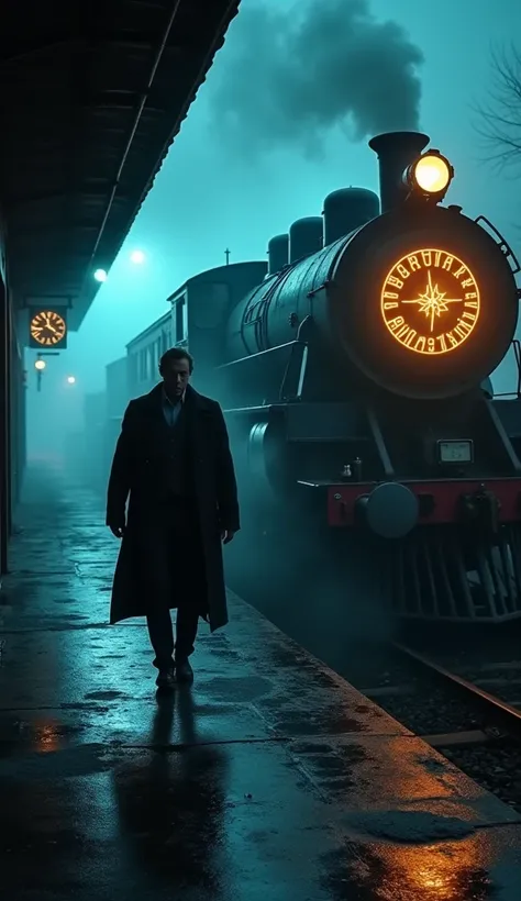 Setting: A dimly lit, deserted train station at night with an eerie, vintage vibe. A flickering old-fashioned clock displays no time.
Action: A man in modern clothes runs onto the platform, panting. He notices an ancient-looking steam train with glowing ru...