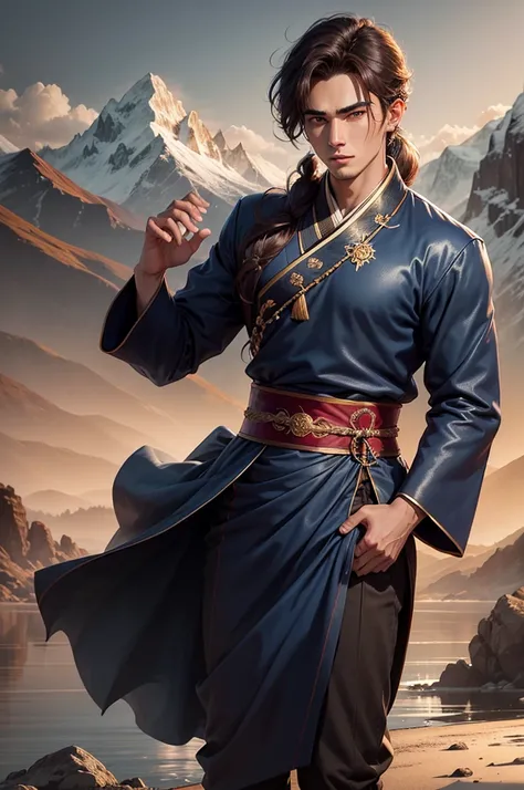 21 year old handsome young man, confident, volumetric lighting, 8k resolution, photorealistic, ultra-high quality, opulent detailed background, medium length dark brown hair, messy ponytail, wearing dark blue hanbok long sleeve clothes, mountain in backgro...