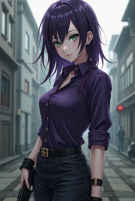 Anime Tomboy, white skin, dark purple hair, green eyes, wearing a dark purple shirt, tall man, holding a pistol 