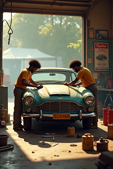 Young ethiopian afro hair mechanichs repairing an old model car in an opon garage during 1960s