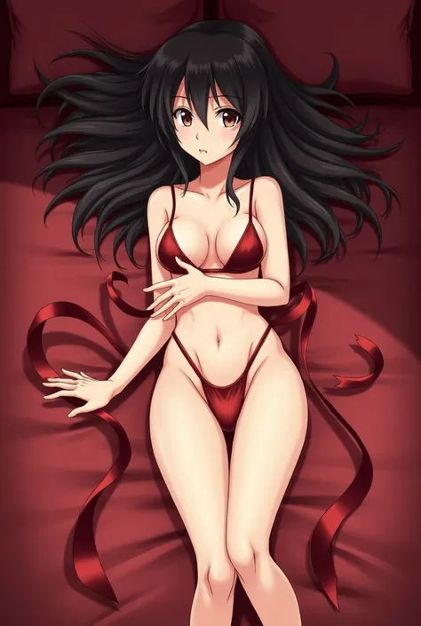 Create an illustration of Asuna from sword art online, laying in the bed with open legs. She has black hair spreading on the bed , wearing nothing and her private parts are being slightly hidden by ribbons. Asuna is playing with her lower private part and ...