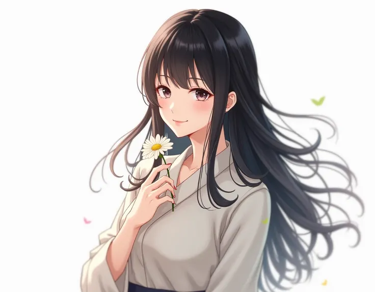   Masterpiece  ,  top quality,  1 girl ,  Japanese, Alone, length_hair,  watching _in_ viewer, 黒色のhair, smile, 前hair,  skirt,  shirt, length_sleeve,  dress,  holding, closure_mouth, flower, whole body,  white background 