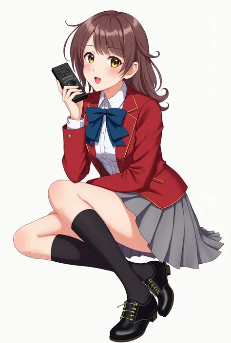 Anime teen girl with red blazer and deep blue bow and gold lines and gold buttons and gray skirt and black knee-high socks and black leather shoes with full front and body feet and a white background and with a television remote control with an expression ...