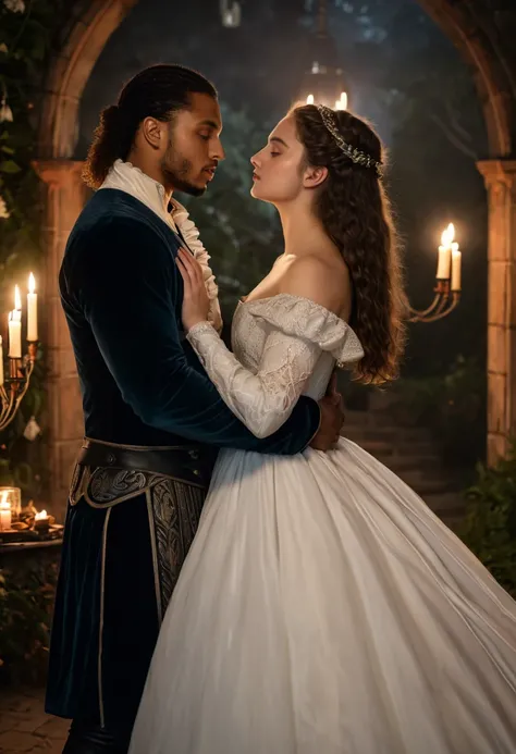 Black English actor Devon Terrell as Arthur and Caucasian Australian actress Katherine Langford as Nimue, both from the Netflix fantasy series "Cursed", share a steamy and passionate kiss inside a candlelit bedroom. Both are clothed lightly in Arthurian-fa...