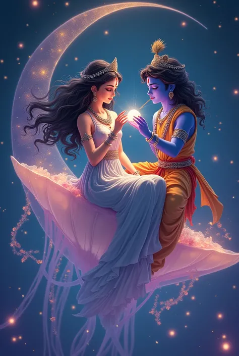 A anime inspired modern depiction of Radha and Krishna in a surreal cosmic ocean, where the water glimmers with hues of purple, gold, and deep indigo, and tiny star-like particles float around them. Radha, with her golden-white glowing skin, is seated grac...