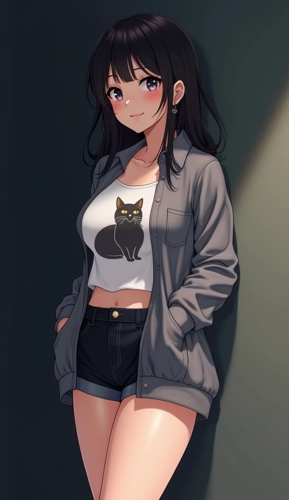 (realize anime style) a women who is wearing ashirt and short and shirt is sheher shirt lifted a bit showing her belly button and her bre strep 
Solo, Solo, Earrings, Breasts, Blush, leaning against the wall not looking at the camera black hair dark backgr...