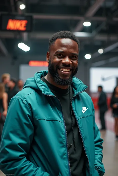 A image of Kevin Hart modeling for Nike, promoting Nike in dynamic scenes. in a shooting studio, nike logo on the backrgound wall, behind the scenes of shooting an commercial for nike