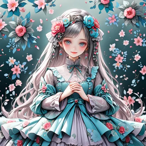 flower hair ornaments,{{turquoise dress}}, gray shadow dress,wide sleeves,floral print sleeves,Gothic lolita,red skirt, redドレス, sleeves，Curly long hair，a beauty girl，Fine hands，Fine fingers，(Best Quality)Fine details，There are a lot of flowers， smiling gen...