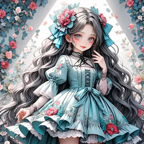 flower hair ornaments,{{turquoise dress}}, gray shadow dress,wide sleeves,floral print sleeves,Gothic lolita,red skirt, redドレス, sleeves，Curly long hair，a beauty girl，Fine hands，Fine fingers，(Best Quality)Fine details，There are a lot of flowers， smiling gen...