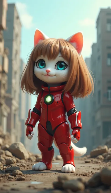 Short Legged White Kitten 、Real Cat、smile、 brown very long hair wig with a cute little white cat standing、 blue eyes、 realistic 、エヴァンゲリオンの赤い PLUG SUIT、red  Bodysuit 、 Bodysuit , pilot suit in the ruins of the city, PLUG SUIT,Evangelion、Dreamland