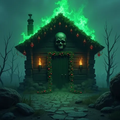 Make a cabin - The cabin walls are made of solid obsidian, with a skull over the door, and torches burning Greek Fire (the magical, green oil kind, not black powder) burning all day long - make christmas deacorations in it