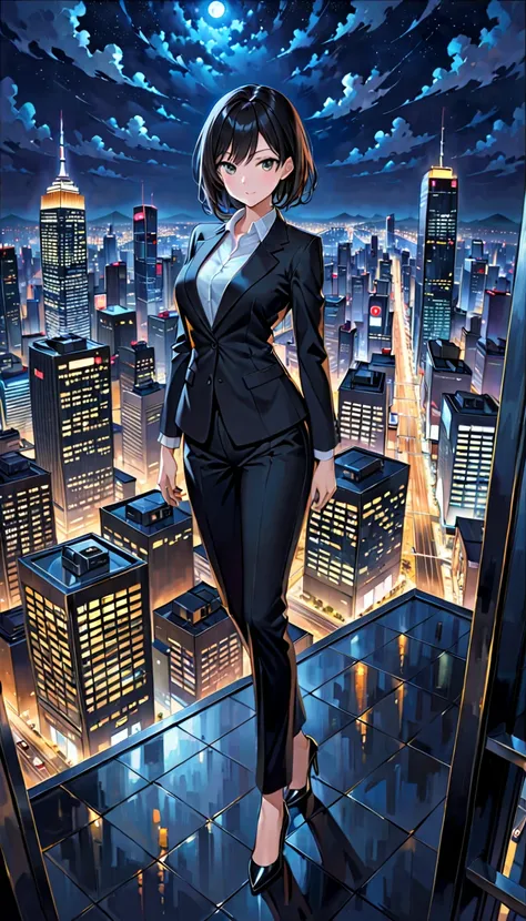 Businesswomen in their 30s 、 wear a black pantsuit 、Confident on the roof of a skyscraper 々Standing at。 night view of the city in the background 。 look cool and stylish。 with a heavy touch like an oil painting 