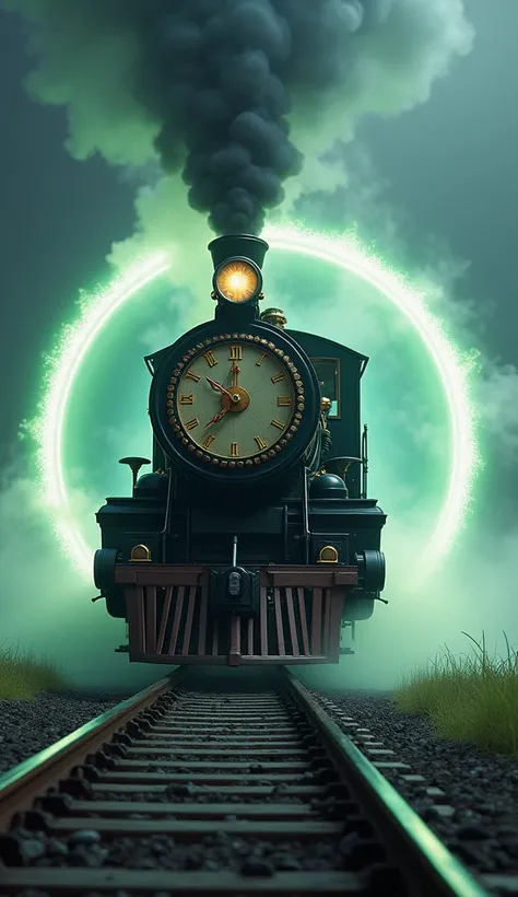 a steam train coming out of a portal. the train has a clock on its front. the portal it comes out from is magical and glows brightly.