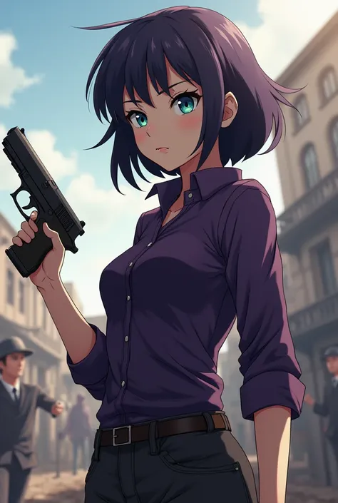 Anime, tomboy, white skin, dark purple hair, semi-blue green eyes, wearing a dark purple shirt, tall man, fighter holding a pistol, background is civil war