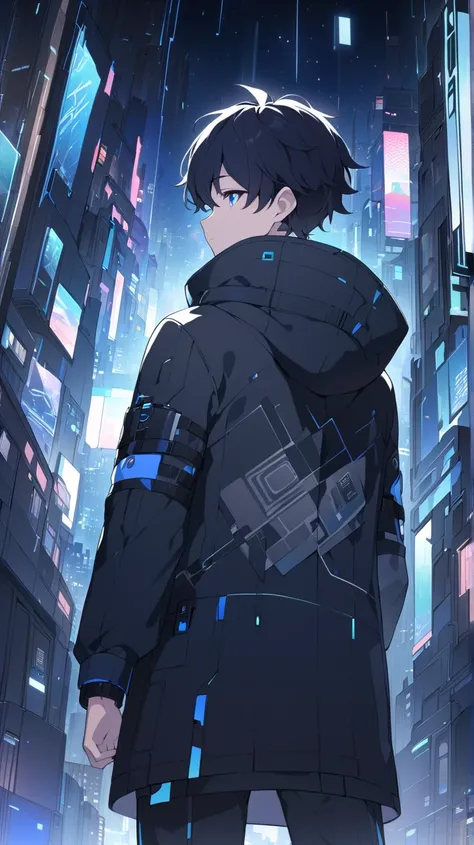 A young man of 20 looking at the night sky from the street with his back to the camera in a futuristic city