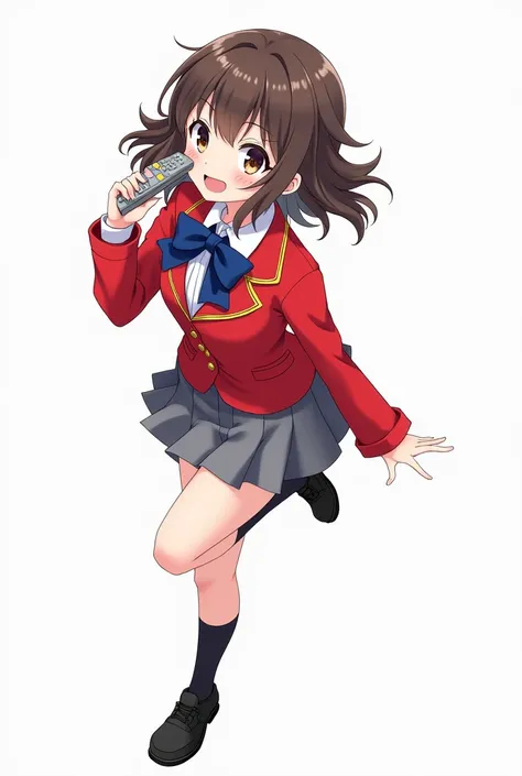 Anime teenage girl with red blazer and deep blue bow and gold lines and gold buttons and gray skirt and black knee-high socks and black leather shoes with full body and white background and with a television remote control with an expression of joy and ner...