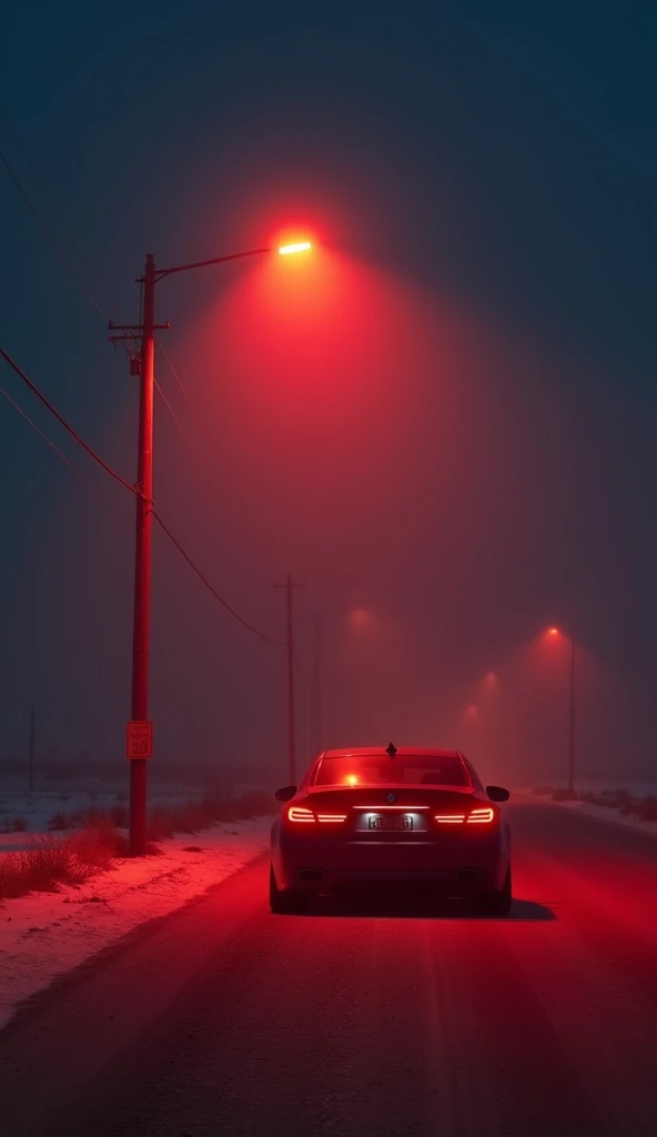 с очень близкого расстояния, standing alone bright red ,  concert ,  gippercar , BMW M7 ,  gippercar ,  in absolute darkness under an old lamp on a deserted winter street in the desert at night,  thick fog, 