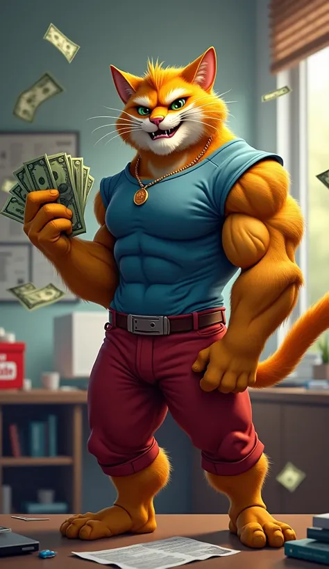 "A hybrid creature featuring a human bodybuilders muscular physique with a cats face, standing confidently at a desk, holding a large stack of dollar bills in one hand while some bills are floating in the air around it. The character has golden fur, sharp ...