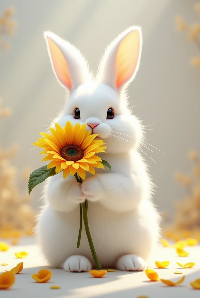 Royal white Angora rabbit,  white rabbit holding a sunflower