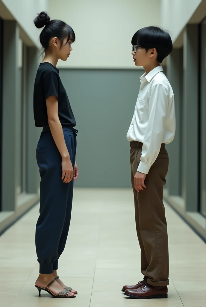 A very tall girl in dark blue trousers, a short black T-shirt, very high-heels sandals, two hair bun and a modest shy young guy in a white shirt, glasses, brown trousers, brown shoes, stand opposite each other, verism, cinematic, Japanese 