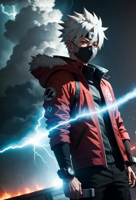 Anime 8K desktop wallpaper, kakashi with a red jacket over costume, white smoke in background, and lightning all around