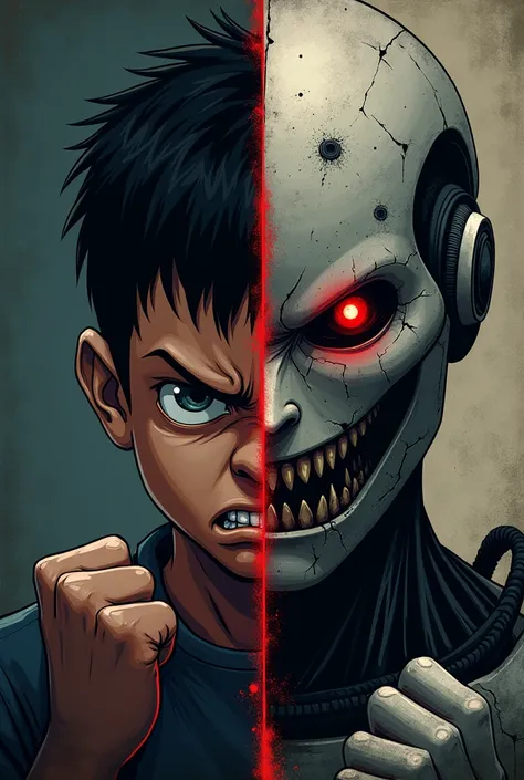 Poster, one side angry boy and one side angry ai robot( human hight).
