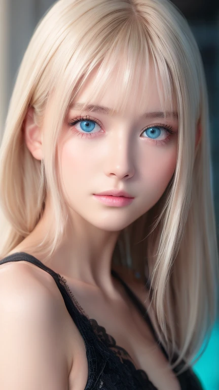  top quality、8kの傑作、 super high resolution、(Realistic:1.3)、 RAW photos 、A beautiful 14-year-old baby-faced girl of Scandinavian descent with shiny platinum blonde hair.、 Silver Blonde Hair 、 super long straight hair 、 bangs between eyes、Hair above the eyes、...