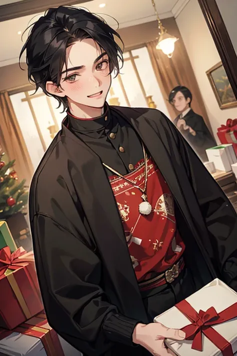 masterpiece,  very detailed, male ,20 years old ,solo,  black hair,  hair hanging over shoulders ,  disorganized , Fashionable clothes, dark eyes light blush ,  laughing,  stick out of the screen,  Christmas, living,  I have a present, 左が長い髪