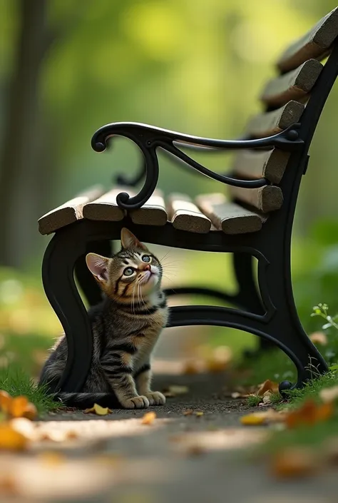  scene like a picture of a little cat under a park bench,  antique chair , Green surroundings ,  Sunlight shining through leaves , Soft Shadows.  cat looks up with a curious expression ,  fur is fine and realistic ,  sharp concentration,  very detailed tex...