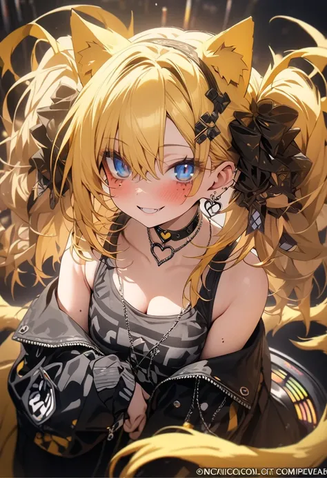 beautiful花々）,  under the eyes  {x} Individual moles ,  heart shaped choker, (  Masterpiece  ,  top quality),  Official Art, beautiful、And aesthetic : 1.2), ( 1 girl),  very detailed, (Geometric Art: 1.3), Yellow cat ears、DJ、yellow twin tail hair、 blue eyes