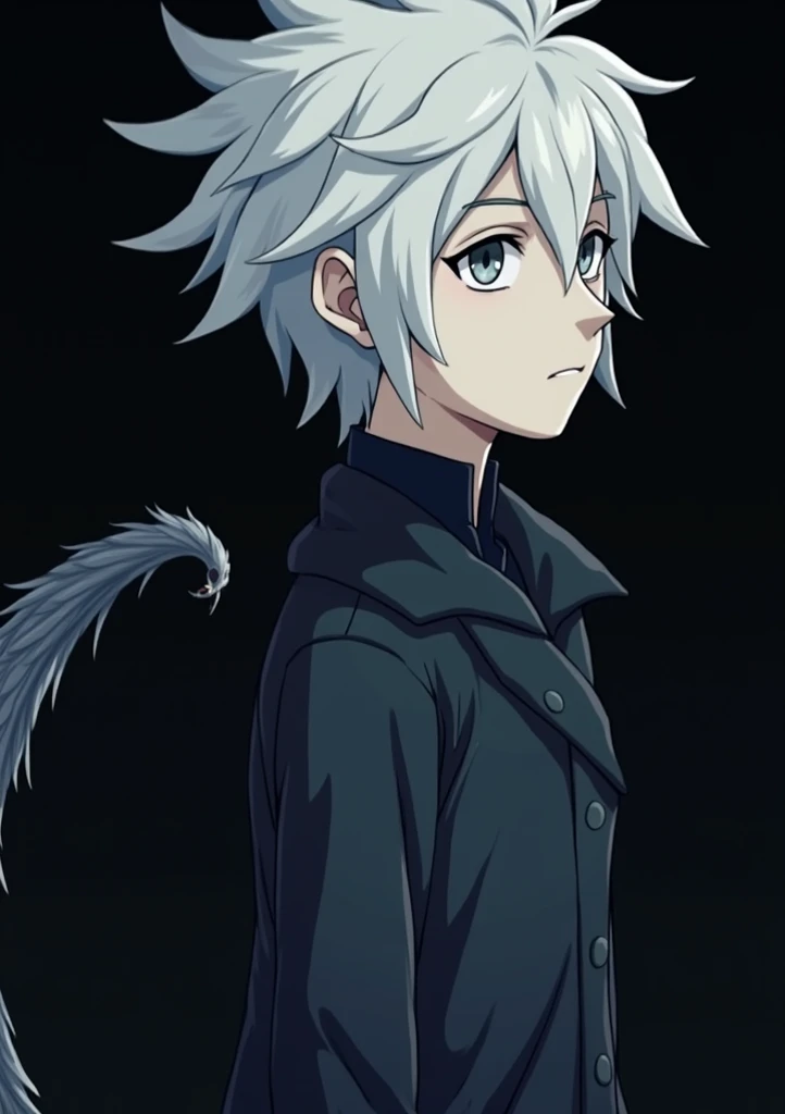 Boy tall hair white,  short wavy 
The clothes are dark ,  shirt coat and pants , , the tail is long like a raptor with feathers at the tip. Eyes are grey, thin, tired look, feathers behind the ears 