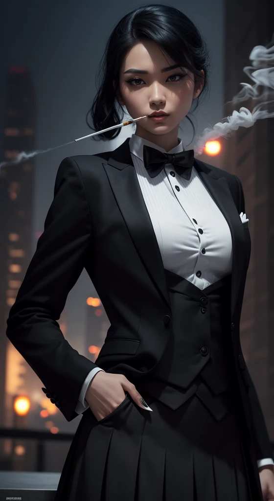 ( A beautiful 25-year-old Asian killer), ( wolf cut black hair ), (pale skin), ( in a serious face), (wearing black and white formal smoking), skirt suit, (((smoking))), ((( dress shirt))), ((( black bow tie ))), blazer, (((suit jacket))), (((vest))), doub...