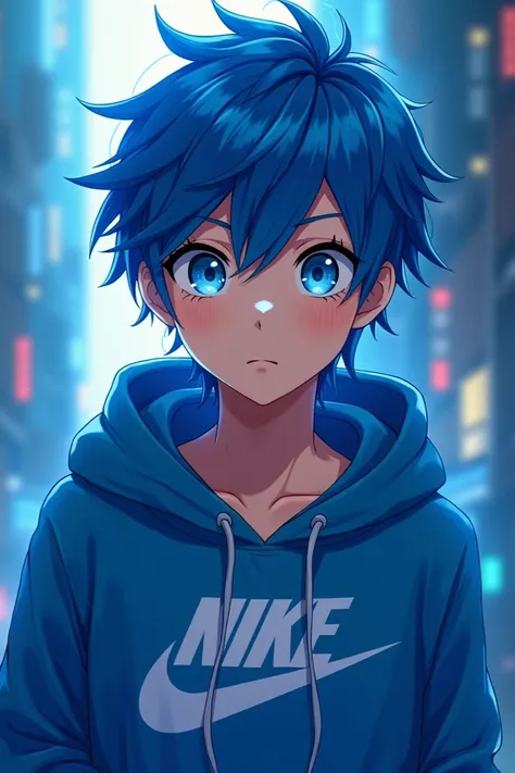 Blue messy hair,Nike hoodie blue,blue eyes,is a anime boy,cool background 