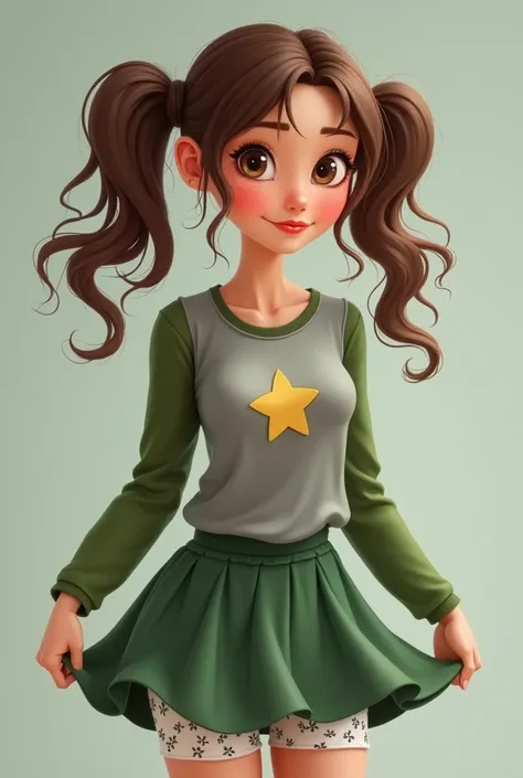 Caucasian woman ,  brown hair pig-tails , freckles on the cheek,  gray shirt with green sleeves and star on the chest,  she is lifting her green skirt ,  revealing white panties with black leaves 