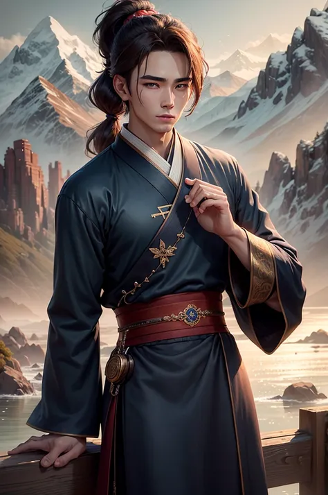 21 year old handsome young man, confident, volumetric lighting, 8k resolution, photorealistic, ultra-high quality, opulent detailed background, medium length dark brown hair, messy ponytail, wearing dark blue hanbok long sleeve clothes, mountain in backgro...