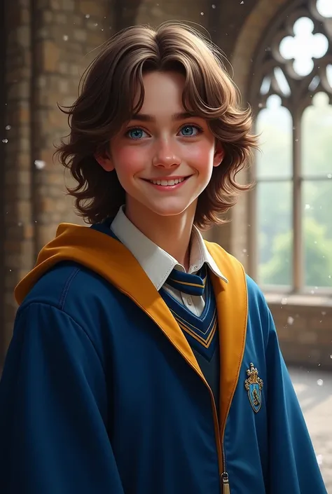 Create image of an 18-year-old man,brown hair, blue eyes ,  white skin , long hair ,Hogwarts student,Ravenclaw house with a smiling expression  