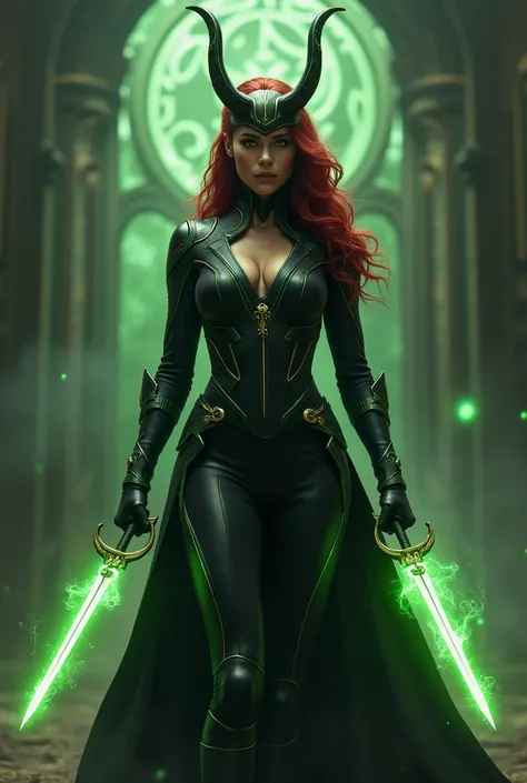 “A cunning and lethal fusion of Loki and Black Widow, this character embodies elegance and danger. The design features a sleek black tactical suit with subtle green and gold accents, enhanced with intricate Asgardian designs. The character wields dual dagg...