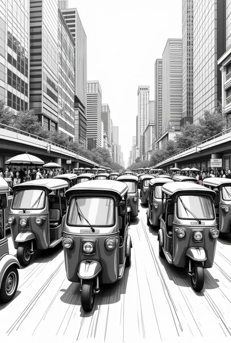 Coloring book page, pen and ink drawing, Tuk-tuks causing traffic and chaos in the city of bangkok. sketch drawing, wide angle, low perspective,  