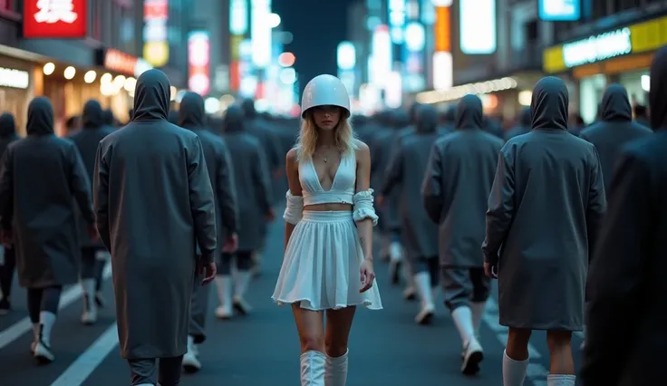 A crowd walking towards the camera in the streets of Futuristic Tokyo at night. A girl looking at the camera in a white cocktail dress and hip-high white boots, with a cyberpunk head and body, walks through the crowd, dressed in grey versions that approxim...