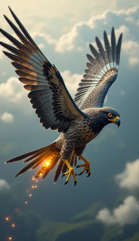 A magnificent fusion of nature and machine, this hybrid boasts the sharp talons and sleek feathers of a falcon, combined with the metallic wings and blazing jet engines of a fighter plane. It soars at breakneck speeds, its eyes glowing with an otherworldly...