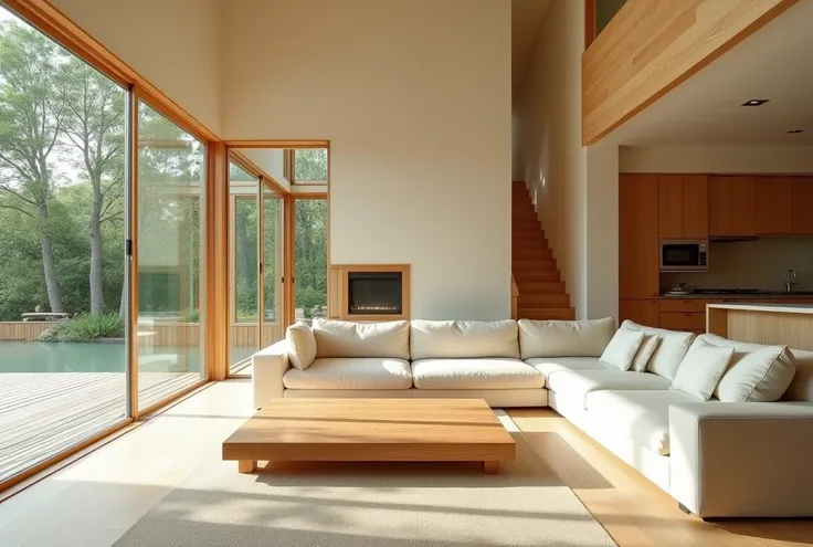 A spacious and modern Japanese-style living room with natural lighting pouring in through large glass windows. The room features light wood flooring, minimalist furniture including a low wooden coffee table and cream-colored sofas. In the background, there...