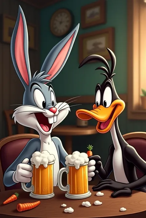 Bugs Bunny from Looney Tunes drinking beer with Daffy Duck and Hortelino 