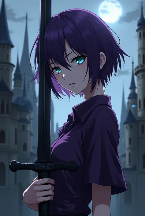 Anime Tomboy, white skin, dark purple hair, one eye green, the other eye blue, wearing a dark purple shirt, tall, sinful, holding a dark sword. The background is a medieval city.