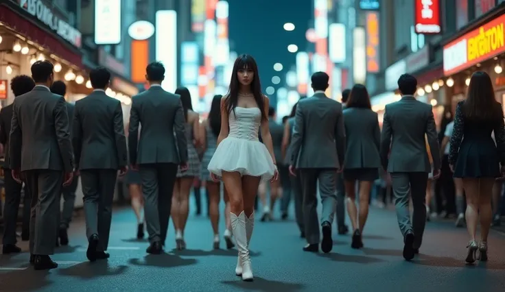 A crowd walking towards the camera in the streets of Futuristic Tokyo at night. A girl looking at the camera in a white cocktail dress and hip-high white boots, with a cyberpunk head and body, walks through the crowd all in cocktail dresses and heels, men ...