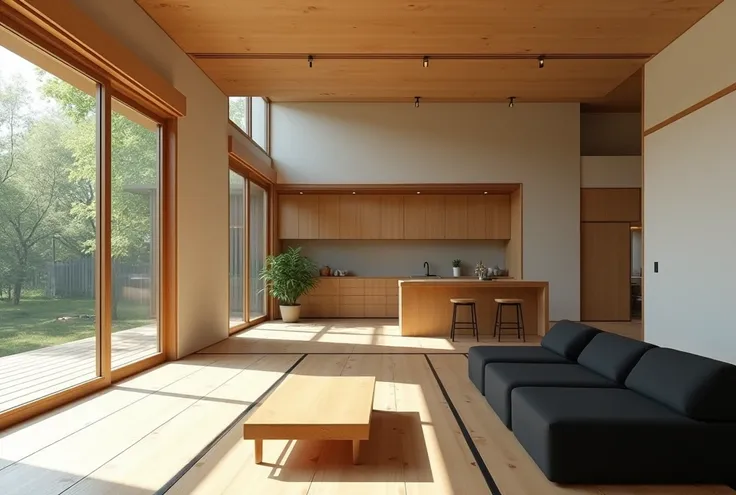 A spacious and modern Japanese-style living room with natural lighting pouring in through large glass windows. The room features light wood flooring, minimalist furniture including a low wooden coffee table and black sofas. In the background, there is an o...