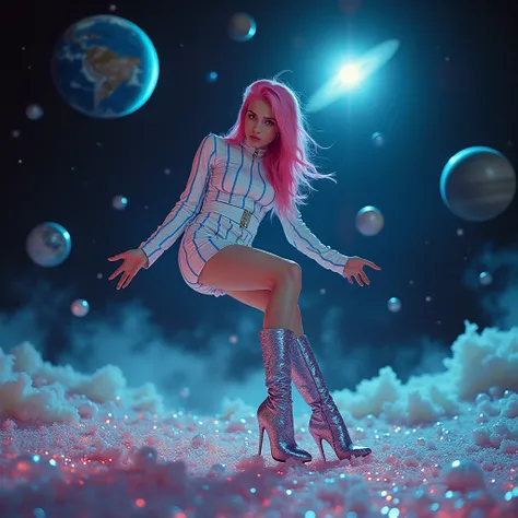 a young pinkhead woman in white and blue stripped latex costume and high heel stiletto boots floating stranded in outer space, where a wash of iridescent filter over a representation iridescent, opalite, of planets, earth, mercury, mars, venus, neptune, ur...