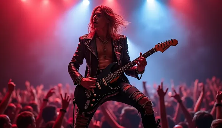 A charismatic young man on stage, rocking out with an electric guitar. He has a true rockstar appearance, wearing a black leather jacket adorned with studs, ripped jeans, and combat boots. His long hair flows as he moves passionately, and he has accessorie...