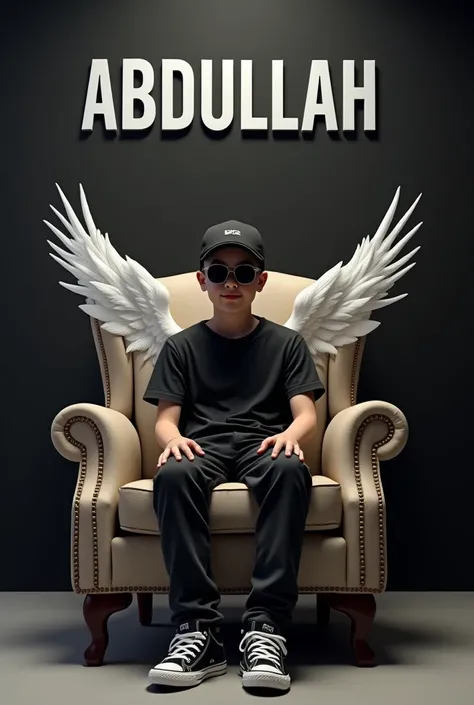 Create 3D illusion picture where a boy in a black shirt sites casually on a wing back chair. Wearing sneakers, a black cricket, and sunglasses, looks ahead. The background features "Abdullah" in big and capital white font on the black wall. There should no...