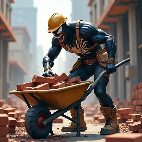 Venom Spider-Man character bricklayer from a building loaded a wheelbarrow with bricks 